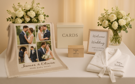 Custom-made wedding gifts displayed on a table with flowers and soft lighting