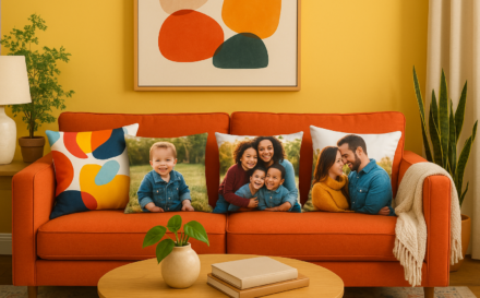 Living room with personalised photo cushions displaying family images