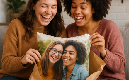 Two best friends laughing while unwrapping a personalized cushion