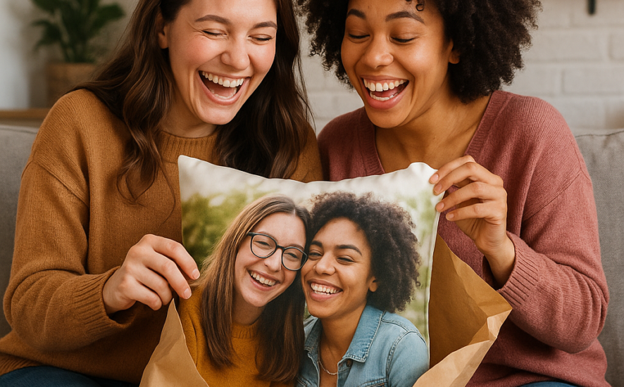 Two best friends laughing while unwrapping a personalized cushion