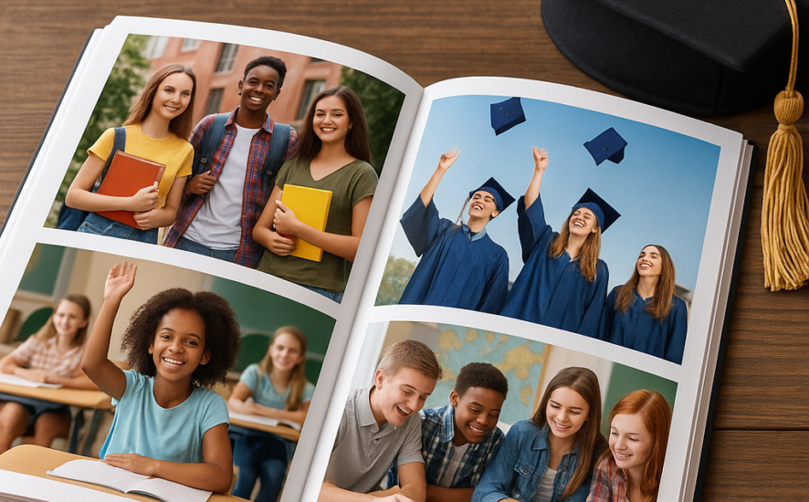 Custom photo book with vivid school memories and a graduation cap