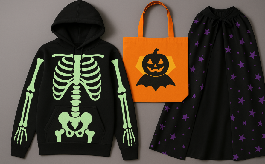 Array of Halloween-themed personalized accessories including a hoodie, tote bag, and cape