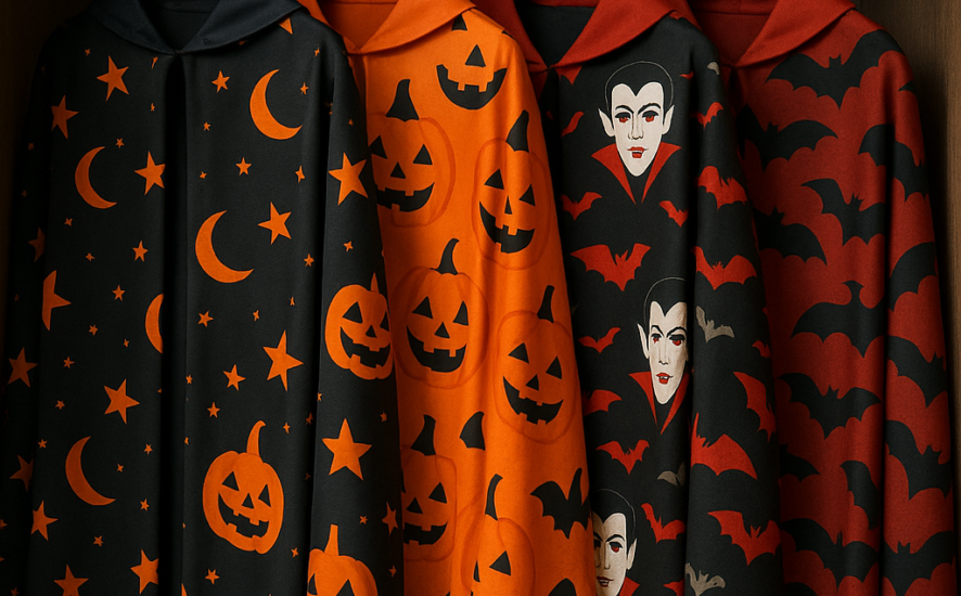 Selection of custom Halloween capes with spooky prints hanging in a closet