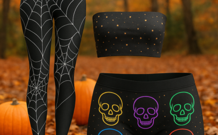 Assorted Halloween-themed custom clothing, including leggings, a boob tube, and hot pants.