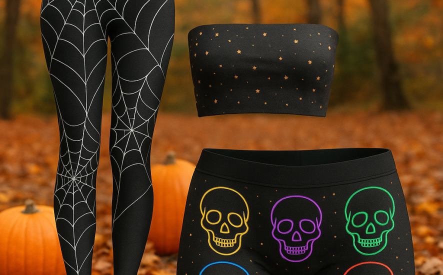 Assorted Halloween-themed custom clothing, including leggings, a boob tube, and hot pants.
