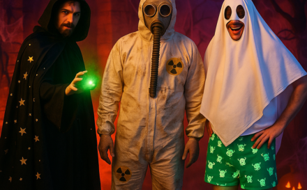 Men in unique Halloween costumes including a sorcerer, survivor, and humorous ghost.