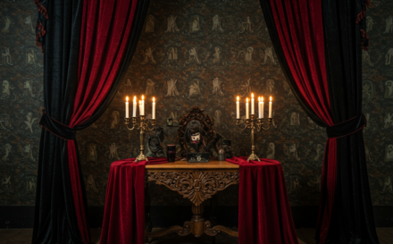 A Halloween-themed room with gothic decor including drapes, a tablecloth, and wallpaper.
