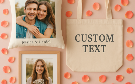 A collection of personalised birthday gifts for her, including a photo cushion and tote bag, arranged on a pastel background.