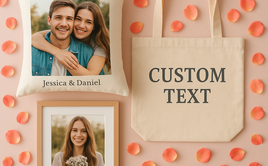 A collection of personalised birthday gifts for her, including a photo cushion and tote bag, arranged on a pastel background.
