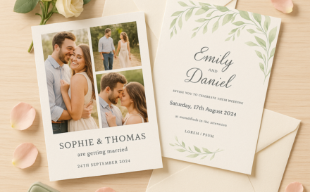 A collection of personalised wedding invitations with photo collages and watercolour designs displayed on a wooden table with romantic wedding decor