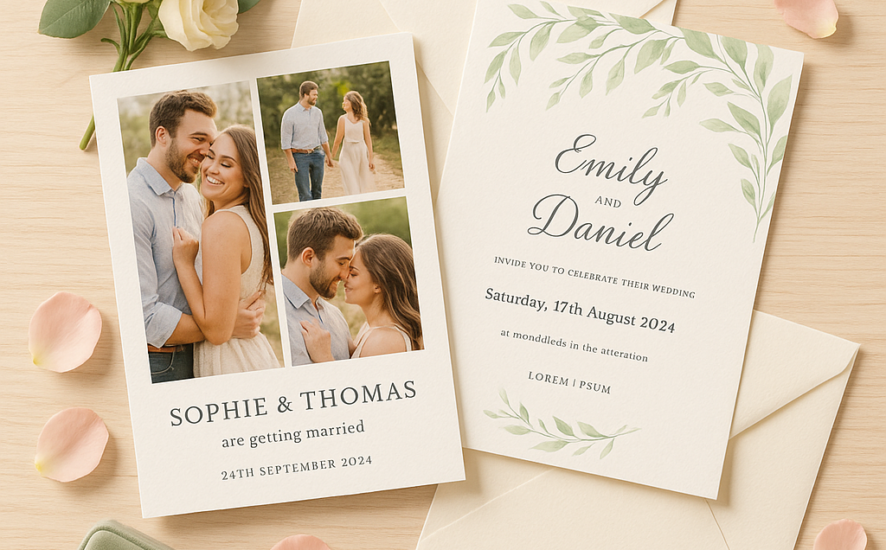 A collection of personalised wedding invitations with photo collages and watercolour designs displayed on a wooden table with romantic wedding decor