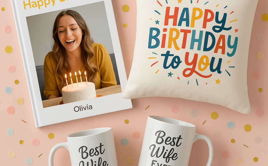 A collection of personalised birthday gifts like a photo book, mug, and cushion on a pink background with confetti.