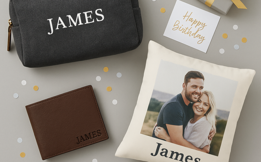 Collection of personalised birthday gifts for men including a wash bag and wallet on a grey background