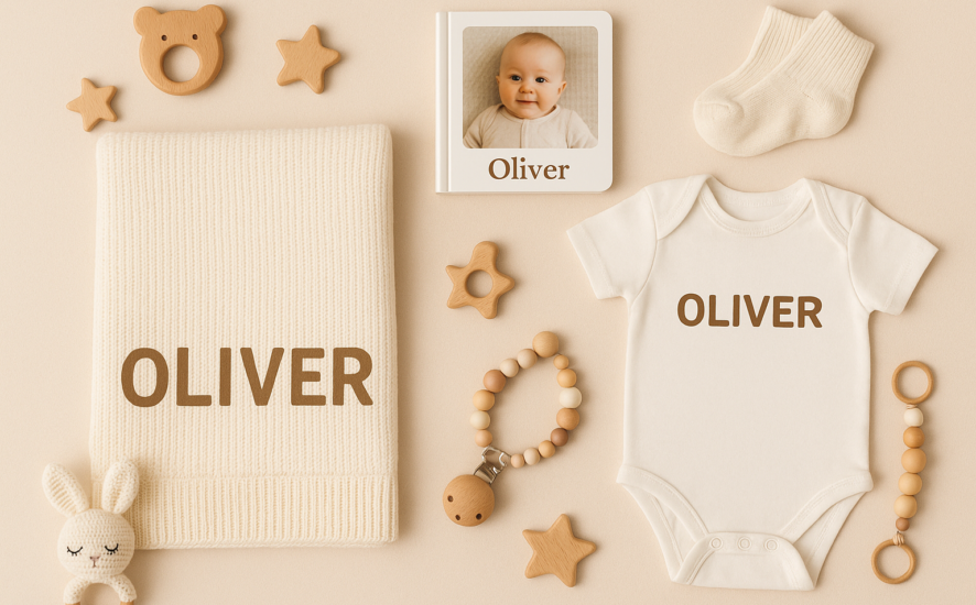 Collection of personalised first birthday gifts including a custom blanket and onesie on a pastel background