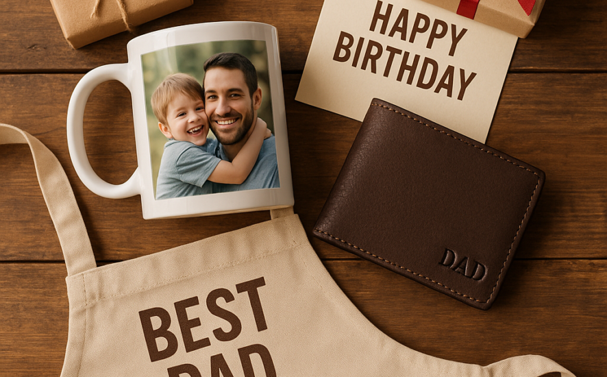A collection of personalised birthday gifts for dad, including a photo mug and custom wallet on a wooden table
