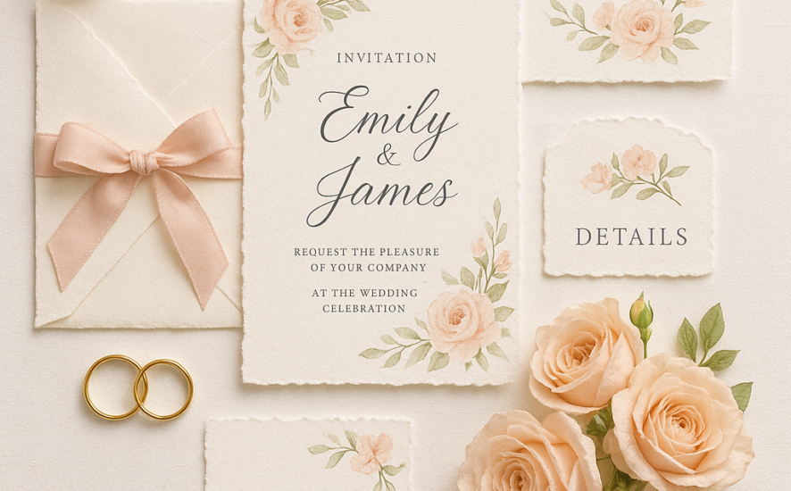 Romantic wedding invitations with floral details and wedding rings on a white background