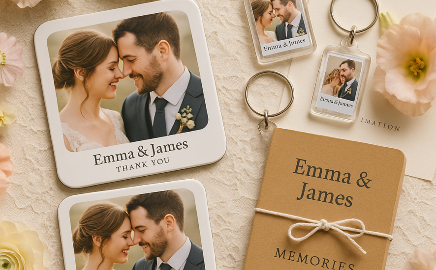 Personalised wedding favours like photo coasters and keyrings displayed on a lace tablecloth with flowers