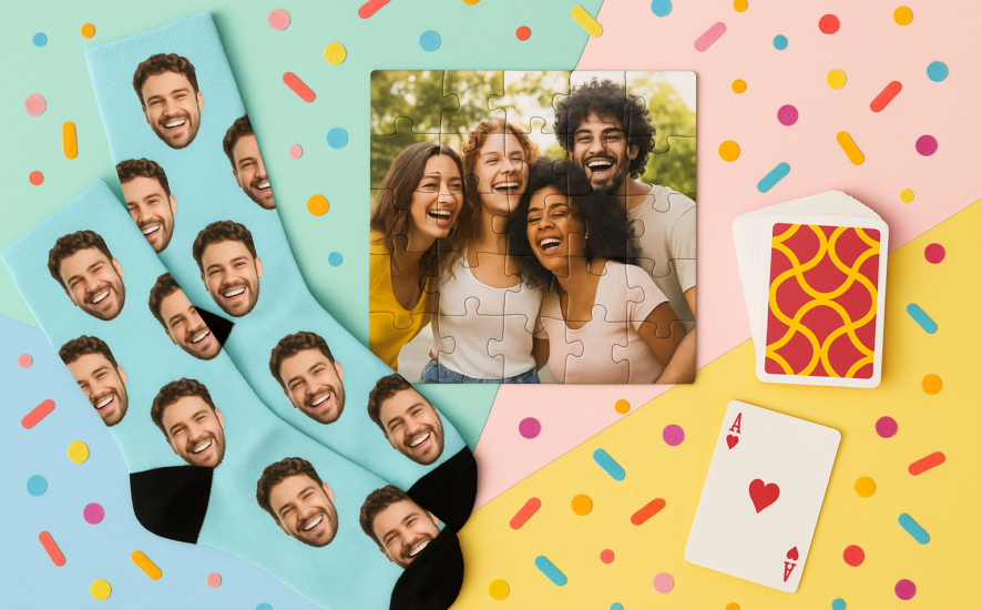 Collection of fun personalised birthday gifts including custom socks, photo puzzles, and card decks on a pastel background with confetti.