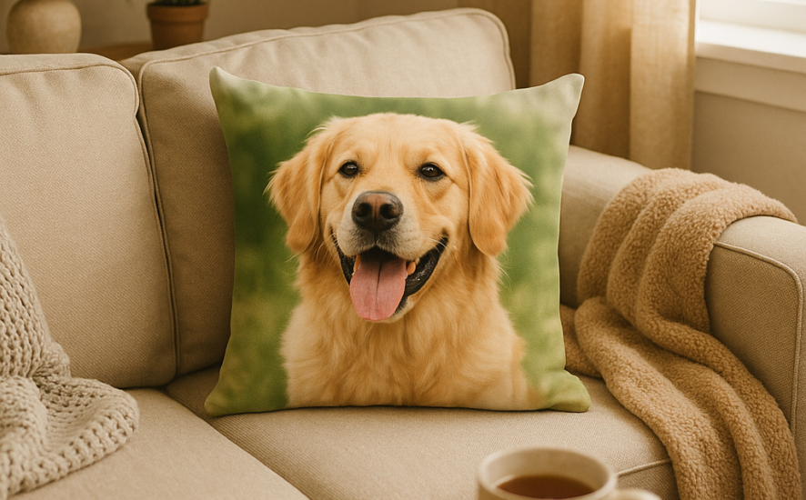 Personalised dog photo cushion with a golden retriever image on a cosy sofa