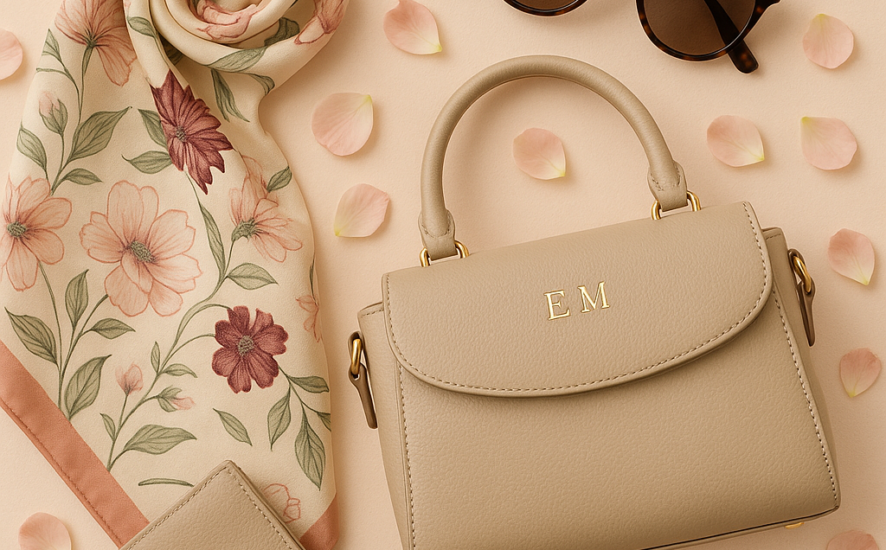 A collection of personalised fashion accessories like a floral scarf and custom bag on a pastel background.