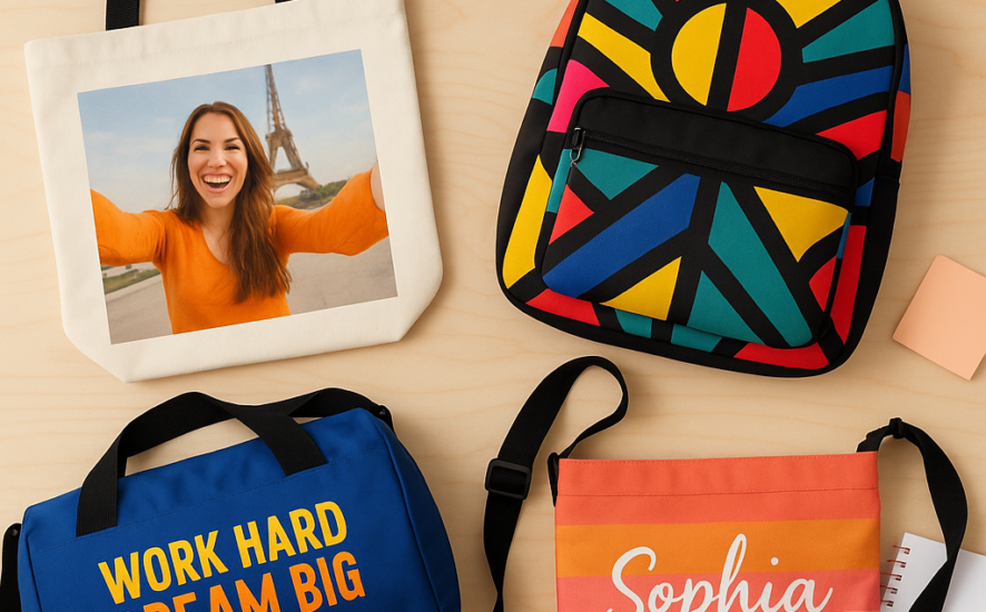 A selection of personalised bags including a tote, backpack, and gym bag displayed on a wooden surface
