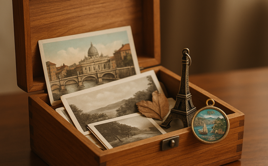 Wooden memory box filled with keepsakes on a table.