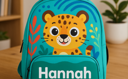 Customised backpack with a student's name and animal print
