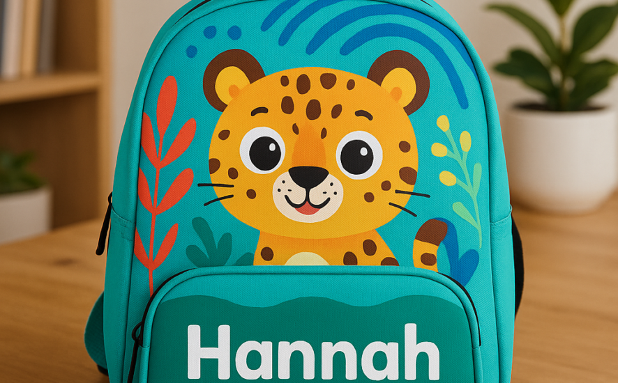 Customised backpack with a student's name and animal print