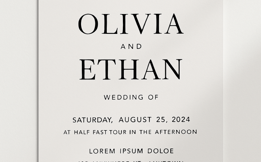 Minimalist wedding invitation card design with simple lines and elegant typography.