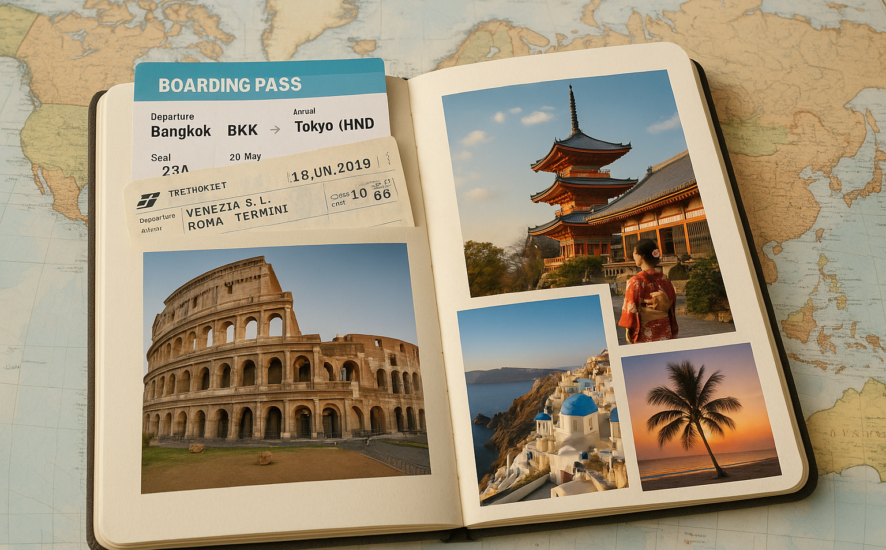 Travel diary photo book page featuring maps, tickets, and travel photos