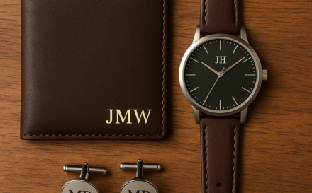 Personalised men's accessories featuring a wallet with initials, a custom watch, and cufflinks