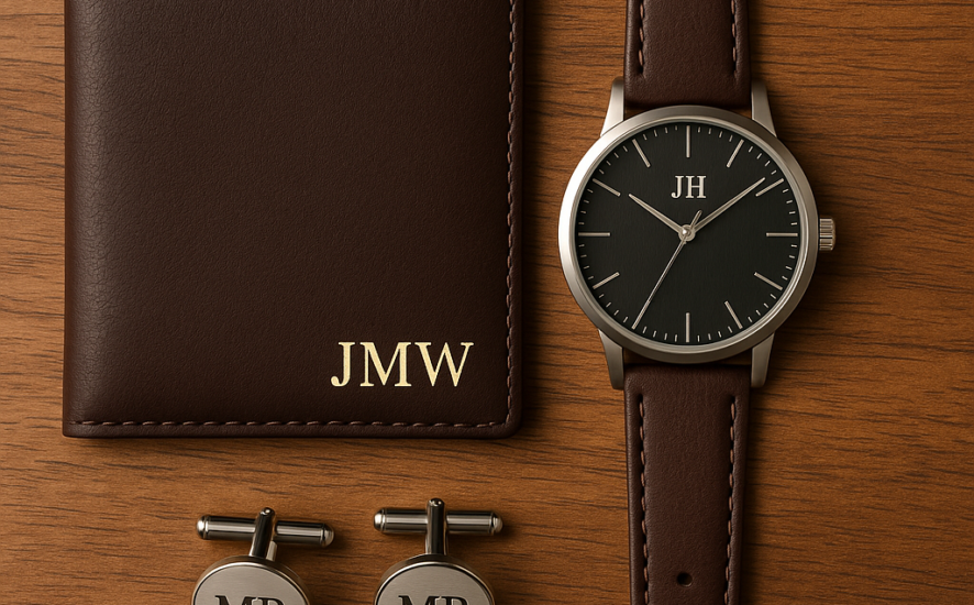Personalised men's accessories featuring a wallet with initials, a custom watch, and cufflinks