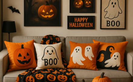 Living room decorated with Halloween-themed personalised cushions and wall art.