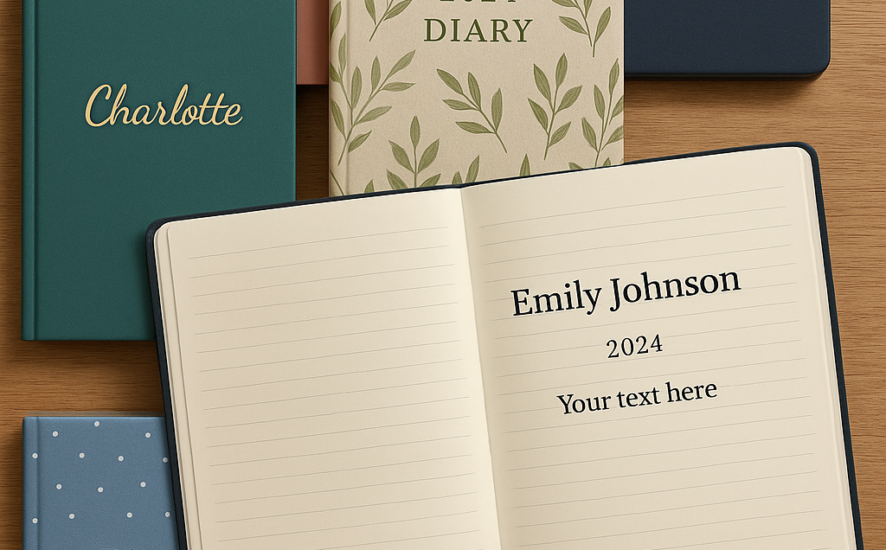 Various custom diary covers and an open diary with personalised text on a wooden table