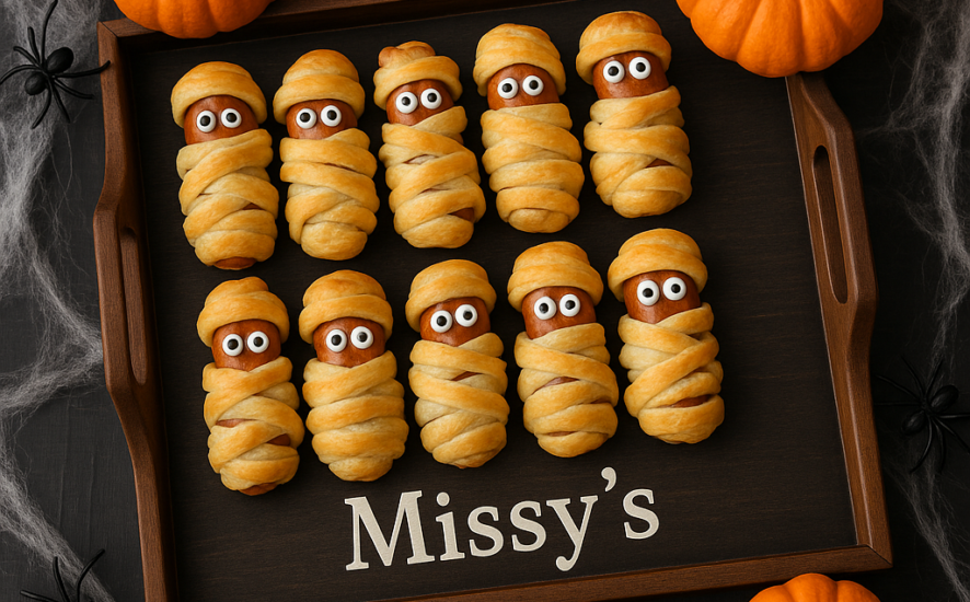 Mummy-wrapped sausages displayed on a custom serving tray with Halloween decor
