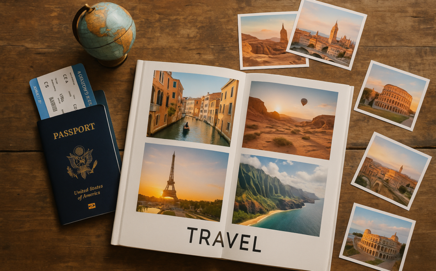 Travel-themed photo book with passports and postcards on a wooden table