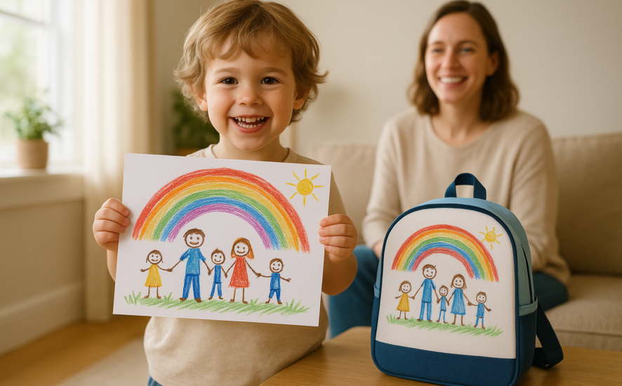 Young child holding a drawing next to a personalised backpack featuring their artwork