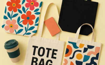 A collection of stylish tote bags with diverse designs, showcasing bold prints and minimalist looks, arranged with everyday accessories.