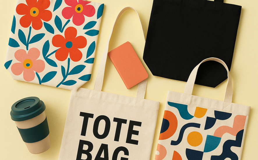 A collection of stylish tote bags with diverse designs, showcasing bold prints and minimalist looks, arranged with everyday accessories.