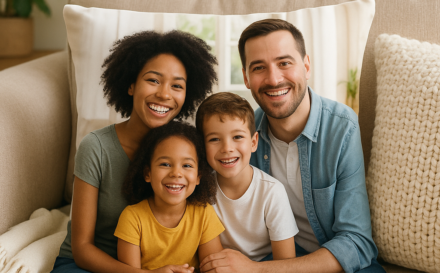 Photo cushion featuring a family image on a sofa