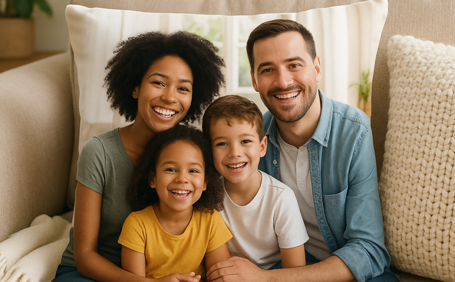 Photo cushion featuring a family image on a sofa