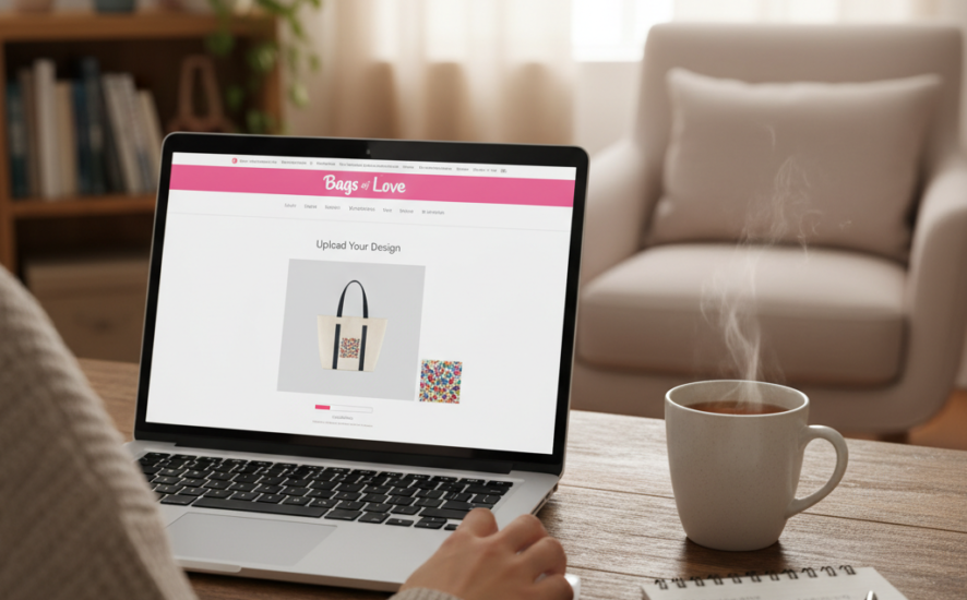 Person uploading a photo for a custom bag design on a laptop in a home office setting