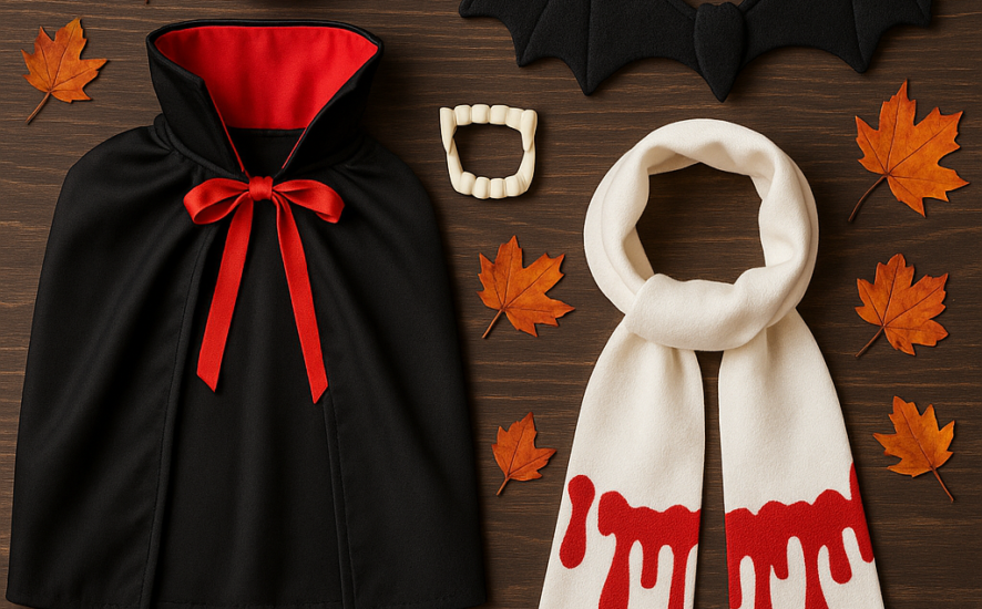 Halloween costume accessories for a vampire and bat couple, including a custom scarf, on a dark wooden surface with autumn leaves.