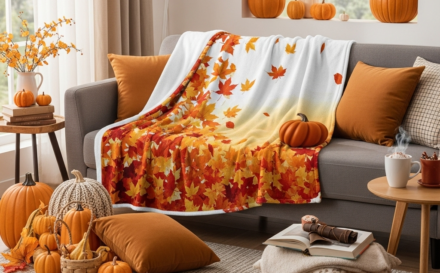 Cosy autumn living room with a personalised blanket featuring a leaf design