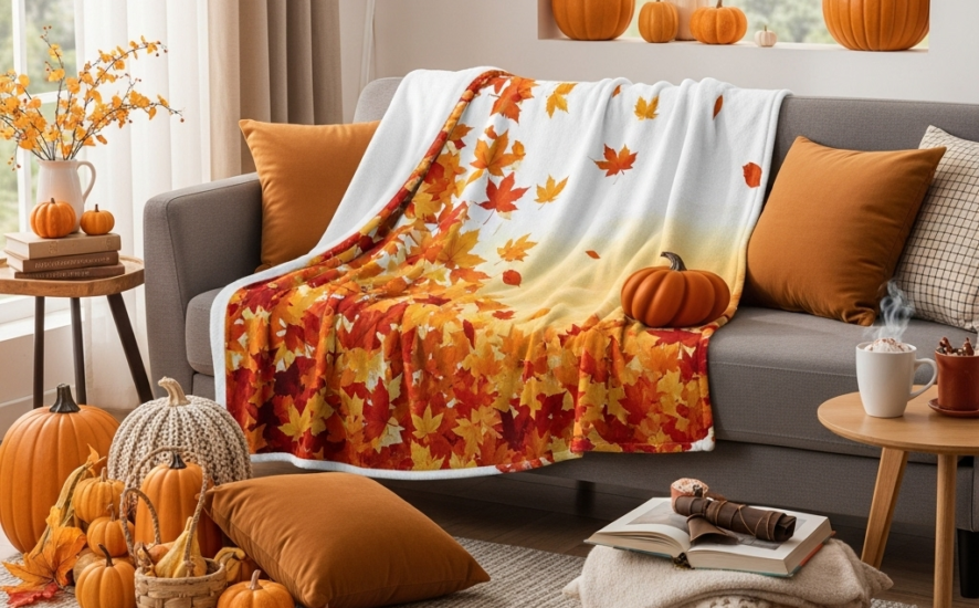 Cosy autumn living room with a personalised blanket featuring a leaf design