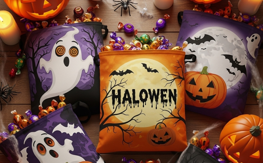 A collection of personalised trick-or-treat bags with spooky designs, displayed on a wooden table with Halloween decorations.