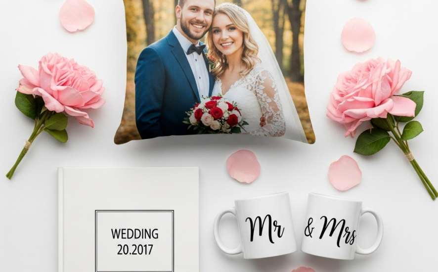 A collection of personalised wedding gifts, including a cushion, mugs, and photo album, displayed on a white background with rose petals.