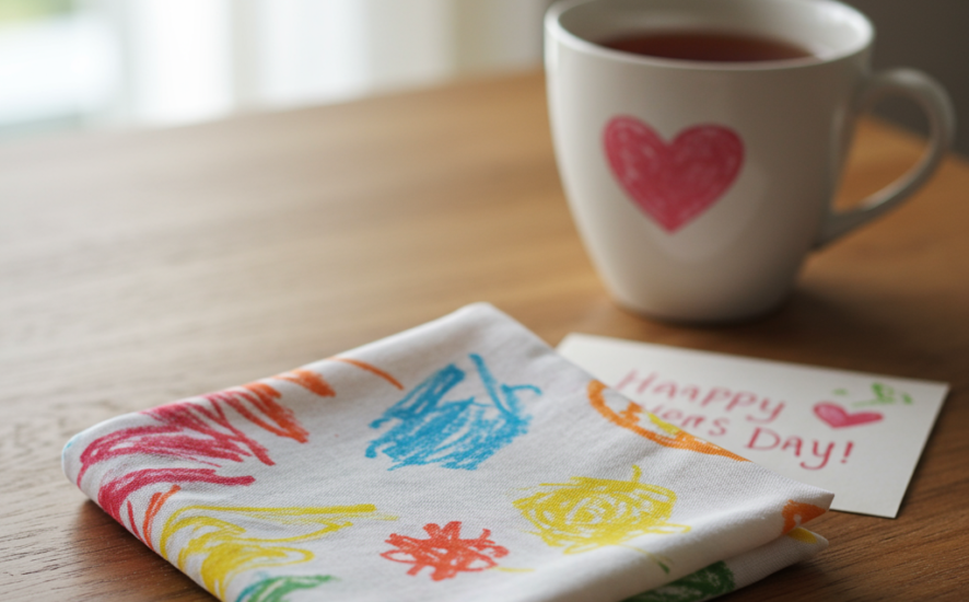Personalised handkerchief with a child’s drawing, placed on a wooden table with tea and a card for Mother’s Day.