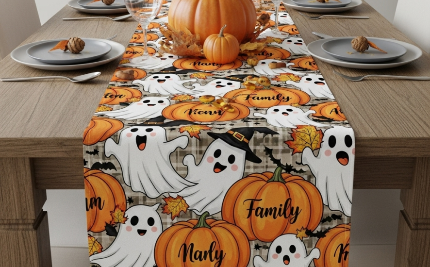 Custom Halloween table runner showcasing friendly ghosts and pumpkins with family names on a wooden table.