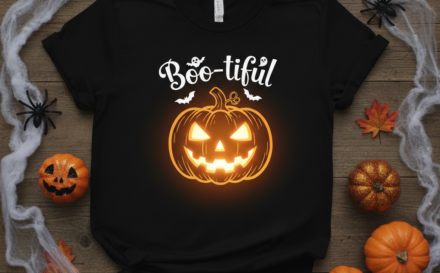 Black Halloween t-shirt with a glowing jack-o’-lantern design and playful text, surrounded by festive props on a wooden surface.